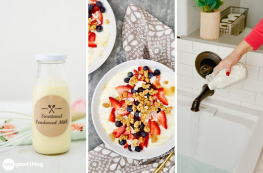 Things You Can Make With Powdered Milk - collage: sweetened condensed milk, yogurt, milk bath