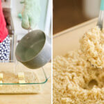 Oven baked brown rice starts with putting the rice and butter in an oven safe dish with boiling water, and ends with fluffy, perfectly cooked brown rice.