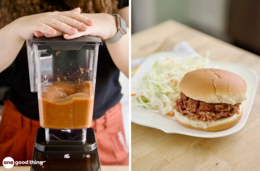 A woman is effortlessly making a BBQ sauce-infused pulled pork sandwich using a blender.