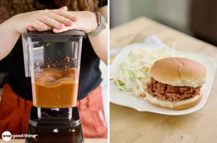 A woman is effortlessly making a BBQ sauce-infused pulled pork sandwich using a blender.