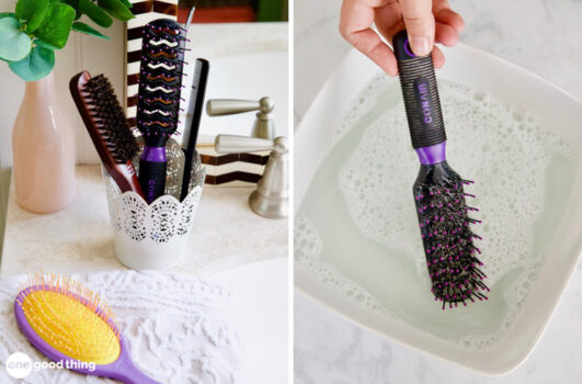 collage: a variety of styles of hairbrushes and a plastic hair brush over a dish of soapy water.