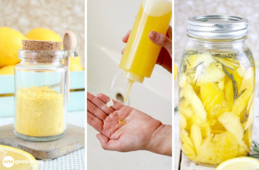 A great use for lemon peels is to dry them and then powder them; you can use your lemon peel powder to make a lemon sugar scrub for soft skin; use lemon peels to make scented cleaning vinegar by soaking lemon peels in vinegar.