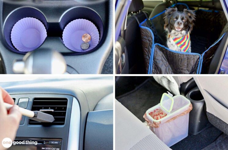 Keep your car clean by using cupcake liners in the cupholders, covering the back seat, using a sponge brush on the vents, and putting a cereal canister in the car for a trash bin.