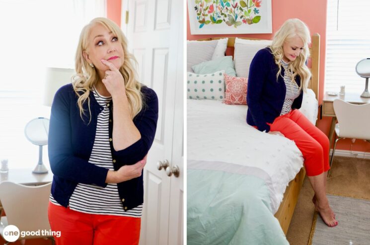 Two pictures of a woman sitting on a bedroom carpet wearing red pants and a navy cardigan.