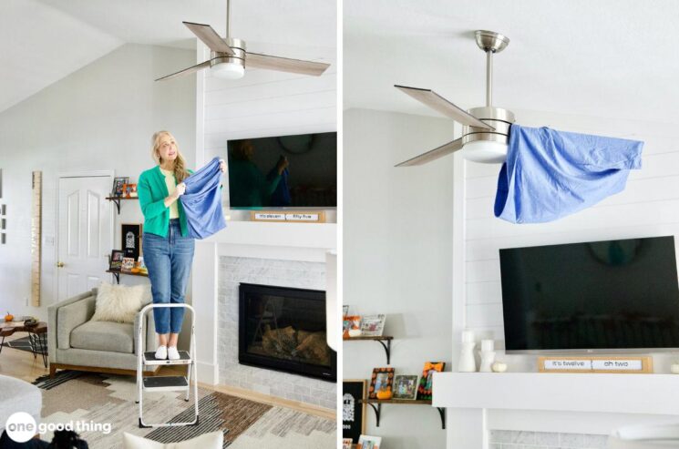 Using a pillowcase is the easiest and tidiest way to clean a ceiling fan.