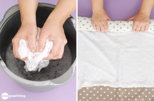 Use a bucket of warm water and some baby shampoo to unshrink clothes.