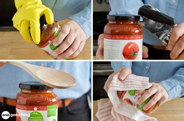 Use a rubber glove, a can opener, a wooden spoon, or a kitchen towel to open a stuck jar lid.