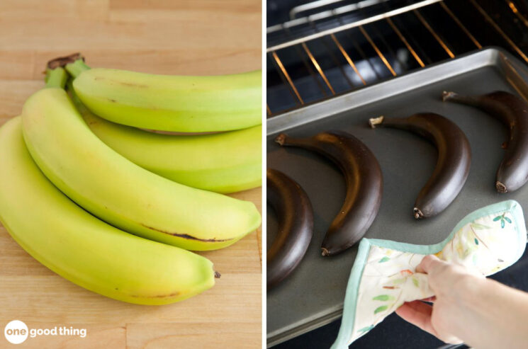 Two bananas ripen quickly on a baking sheet.