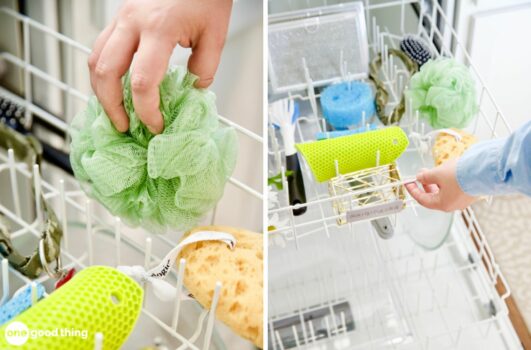 Putting sponges and loofahs in the top rack of a dishwasher.