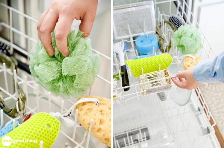 Putting sponges and loofahs in the top rack of a dishwasher.