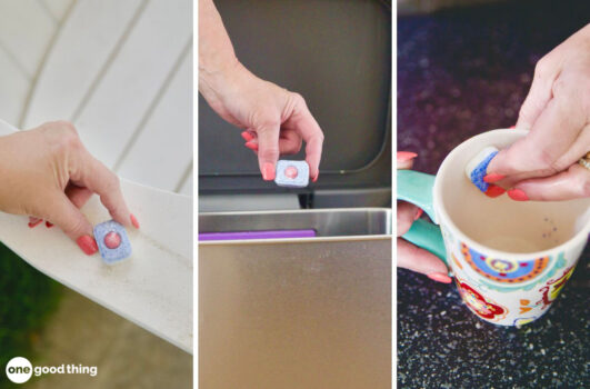 Some of the many uses for dishwasher detergent tablets include cleaning outdoor furniture, cleaning and deodorizing trash cans, and removing coffee and tea stains from mugs and cups.