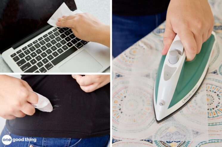 Use a dryer sheet to remove and repel dust on electronics. Use a dryer sheet to get deodorant marks off clothing, and to clean the sole plate of your clothes iron.