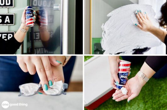 Use shaving cream to clean stainless steel, make your bathroom mirror fog-free, keep your eyeglasses from steaming up, and wash up on camping trips.