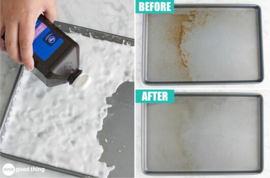 Baking soda and hydrogen peroxide make a powerful cleaner that can remove brown stains from sheet pans.