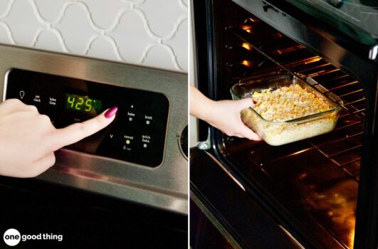 Photo of an oven preheated to 425°. Pyrex is safe to put in a preheated oven.