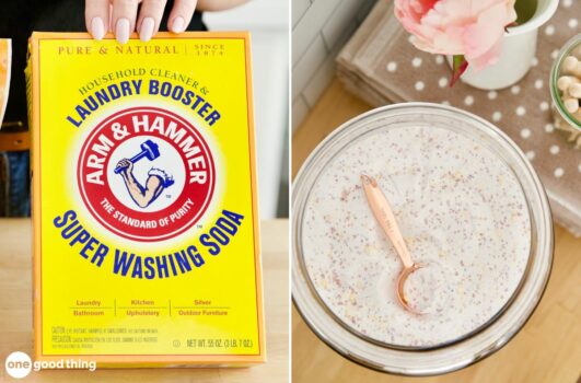 You can buy washing soda in the grocery store, online, or make your own from baking soda!