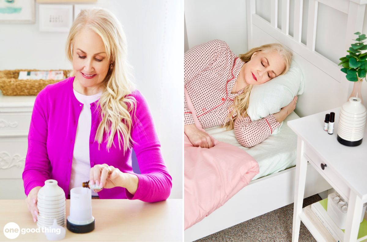 Two pictures of a woman sleeping on a bed with an aromatherapy diffuser, showcasing one of the uses for essential oils.