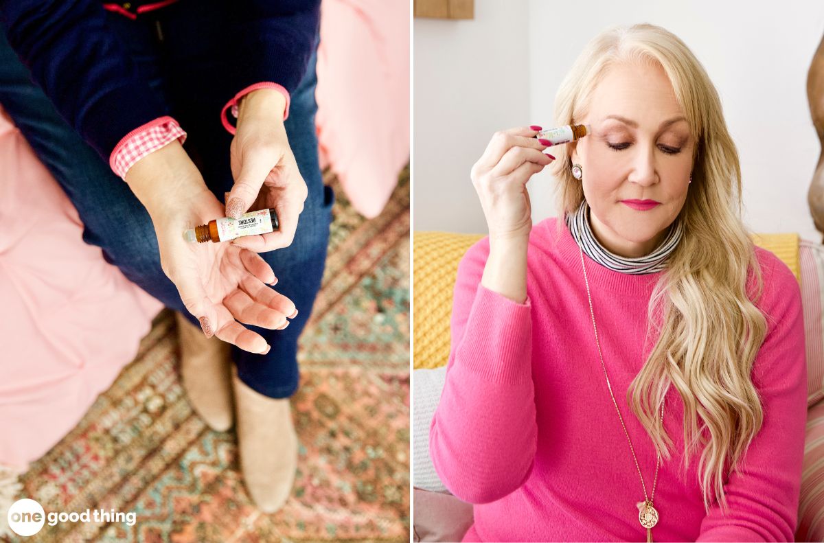 Two pictures of a woman applying makeup to her face, showcasing the uses of essential oils.