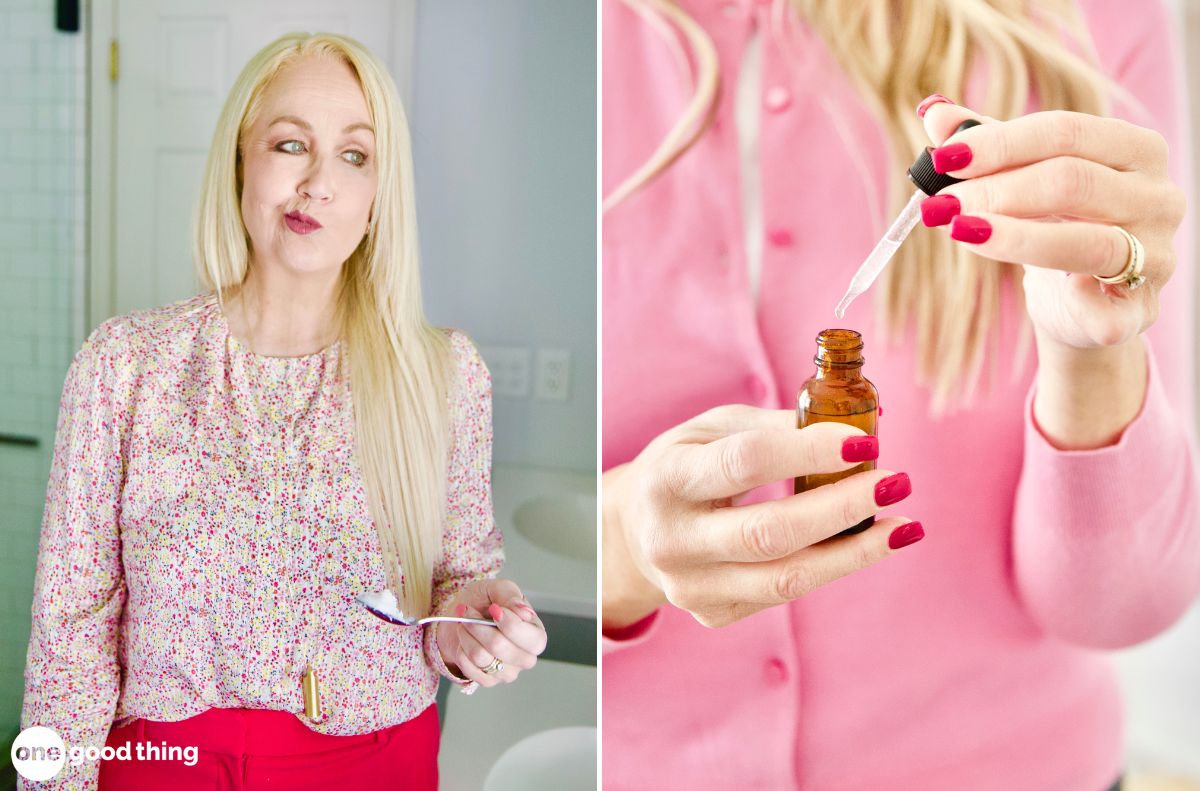 Two pictures showcasing the various uses for essential oils in the hands of a woman.