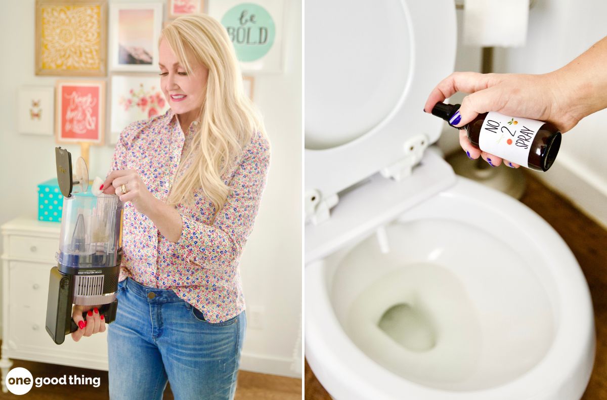 Two pictures of a woman holding a bottle of toilet cleaner enhanced with essential oils.