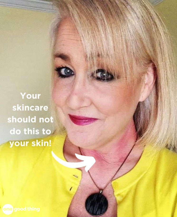 A woman wearing a yellow shirt with the text your anti-aging skincare should not do to your skin.