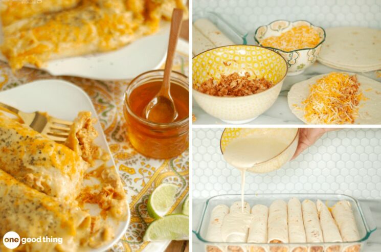 A collage of pictures showing how to make Honey Lime Chicken Enchiladas.