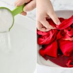 A side-by-side image of adding one cup salt in the bucket and soaking a shirt in the water.