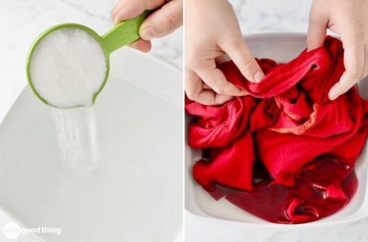 A side-by-side image of adding one cup salt in the bucket and soaking a shirt in the water.