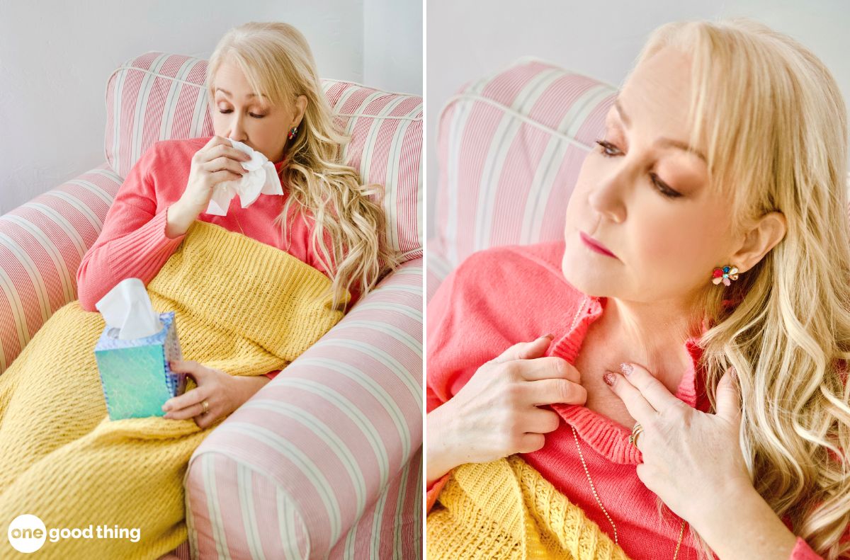 Two pictures of a woman laying on a couch with a tissue while applying salve.