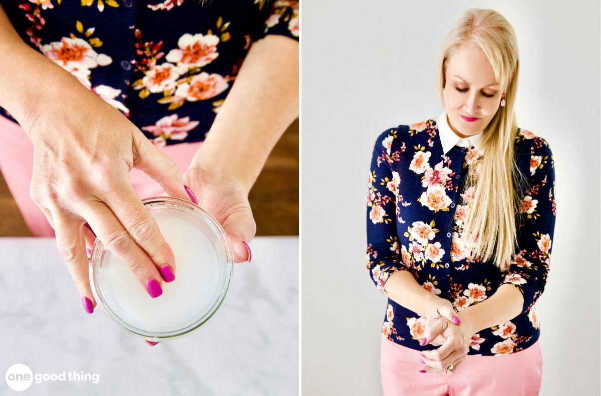 Two pictures of a woman putting salve into a jar.