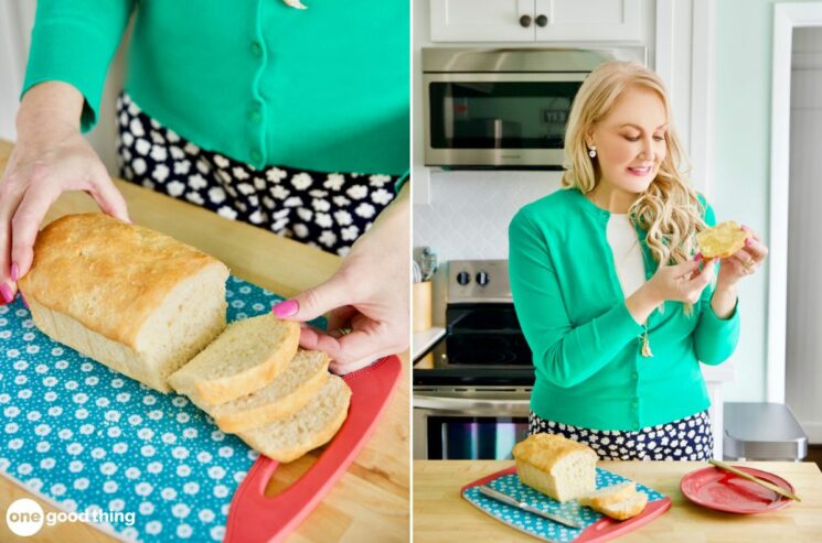 Two pictures of a woman cutting a loaf of English muffin bread.