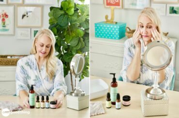 Two pictures of a mature woman in front of a mirror with skincare products in front of her.