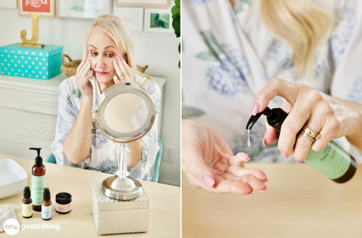 Two pictures of a woman using a facial cleanser in front of a mirror, showcasing the beauty edition.