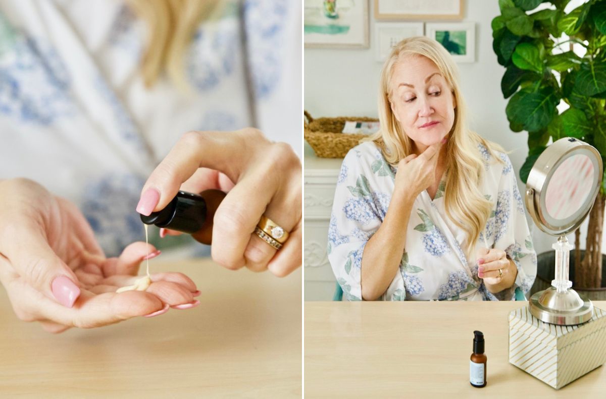 Two pictures of a woman using an essential oil on her hands in a beauty edition.