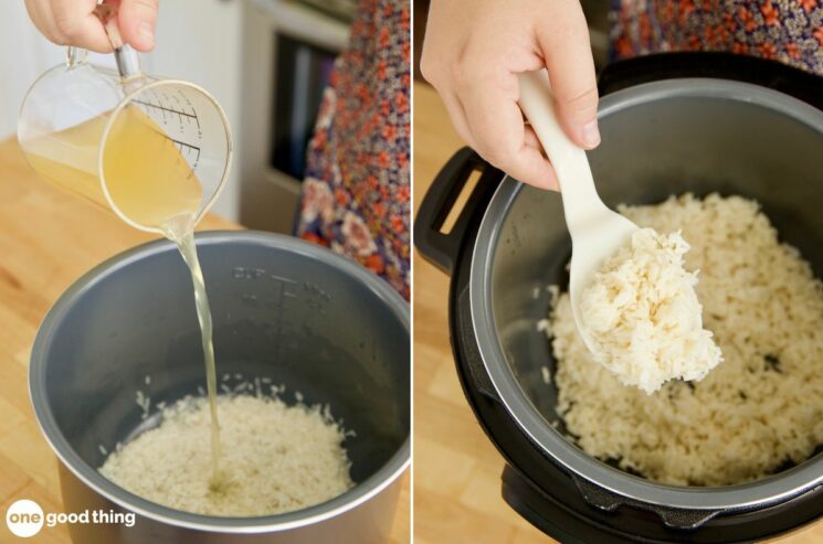 A side-by-side image of a lady's hand pouring chicken stock into a pot of rice placed on a countertop. In the other side's image, the lady's hand is holding a cooking spoon filled with rice from the pot of cooked rice broth.