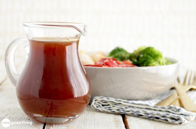 Lovely brown gluten-free teriyaki sauce with a bowl of stir-fried vegetables makes a great meal.