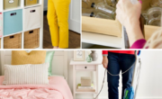 A collage of pictures depicting a woman energetically cleaning and organizing a bedroom - it's like a "why didn't I think of that" moment!