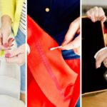 Side-by-side photos of adding one cup of hydrogen peroxide in the washing machine, scrubbing cloth with a cotton, and spraying hydrogen peroxide from spray bottle inside a box.