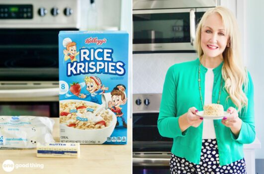 collage: a box of Rice Krispies with a cube of butter and a bag of marshmallows, and a woman holding a Rice Krispies treat.