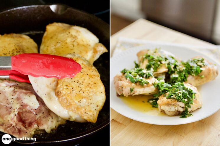 Cooking chicken thighs in a cast iron pan; cooked chicken thighs on a plate topped with greens.