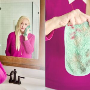 Two pictures of a woman using makeup remover cloths to wash her face.