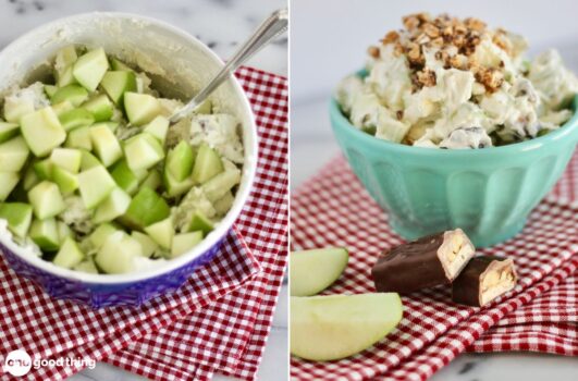 A bowl of Snickers salad and a bowl of ice cream.