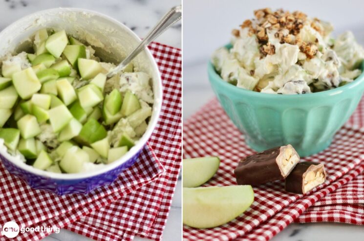 A bowl of Snickers salad and a bowl of ice cream.