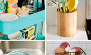 Collage of home organization tips: coffee and condiments neatly arranged on a blue shelf, cooking utensils in a wooden holder on the kitchen counter, clean blue plates drying on a rack, and a two-tiered fruit basket with assorted fruits.