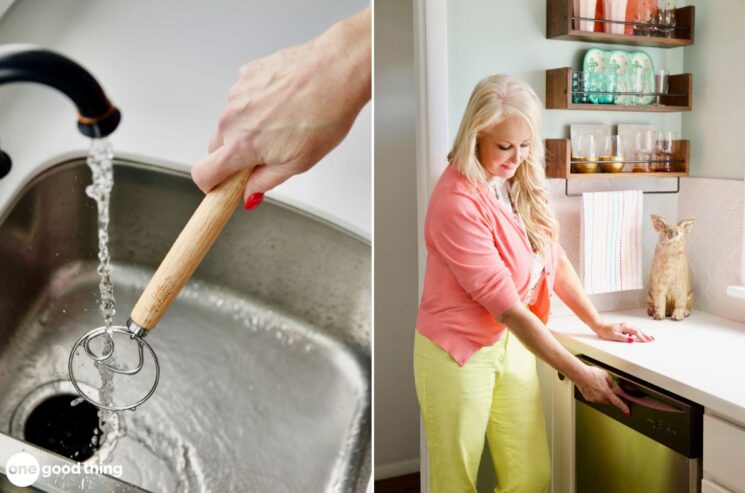 Two images: on the left, a dough whisk being washed by hand in the sink; and on the right, a woman starting the dishwasher.