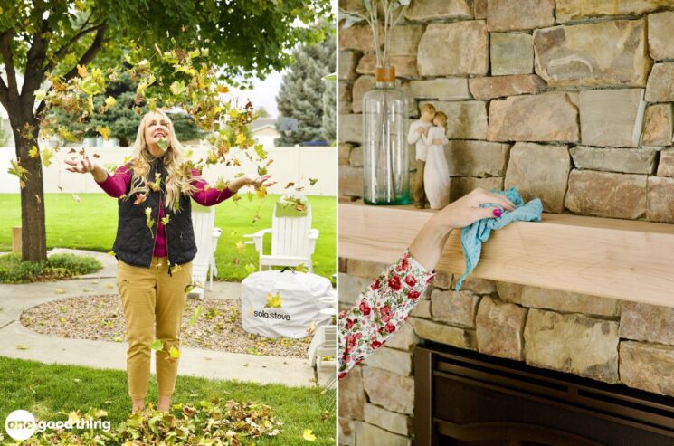 Two images side-by-side: (1) a person tossing autumn leaves into the air, and (2) a hand cleaning a mantel with a cloth