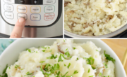Collage displaying instant pot mashed potatoes: the Instant Pot set to cook, mashing potatoes in the pot, and a bowl of creamy mashed potatoes garnished with parsley.