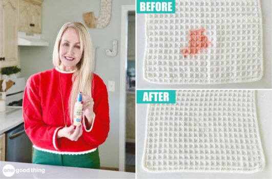 A person holds a cleaning spray bottle, showcasing its magic with "Miss Mouth's" in two images: a stained cloth labeled "BEFORE" and the immaculate result labeled "AFTER.
