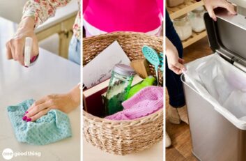 Three-panel image: achieving a spotless house by cleaning a surface with spray and cloth; a basket brimming with cleaning supplies; hands placing a trash bag in a bin.