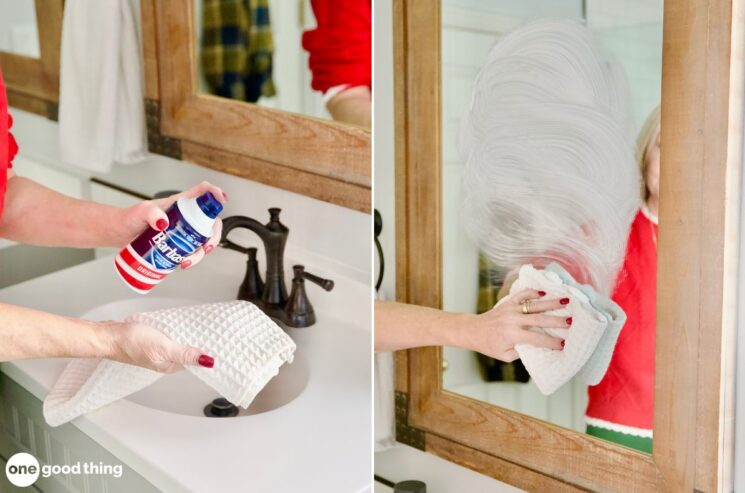 Using a clever shaving cream hack, the person dots the bathroom mirror with foam before wiping it clean, leaving a streak-free shine.
